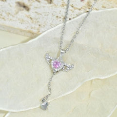 Silver Plated Chain With Heart Angel Wings Pendant